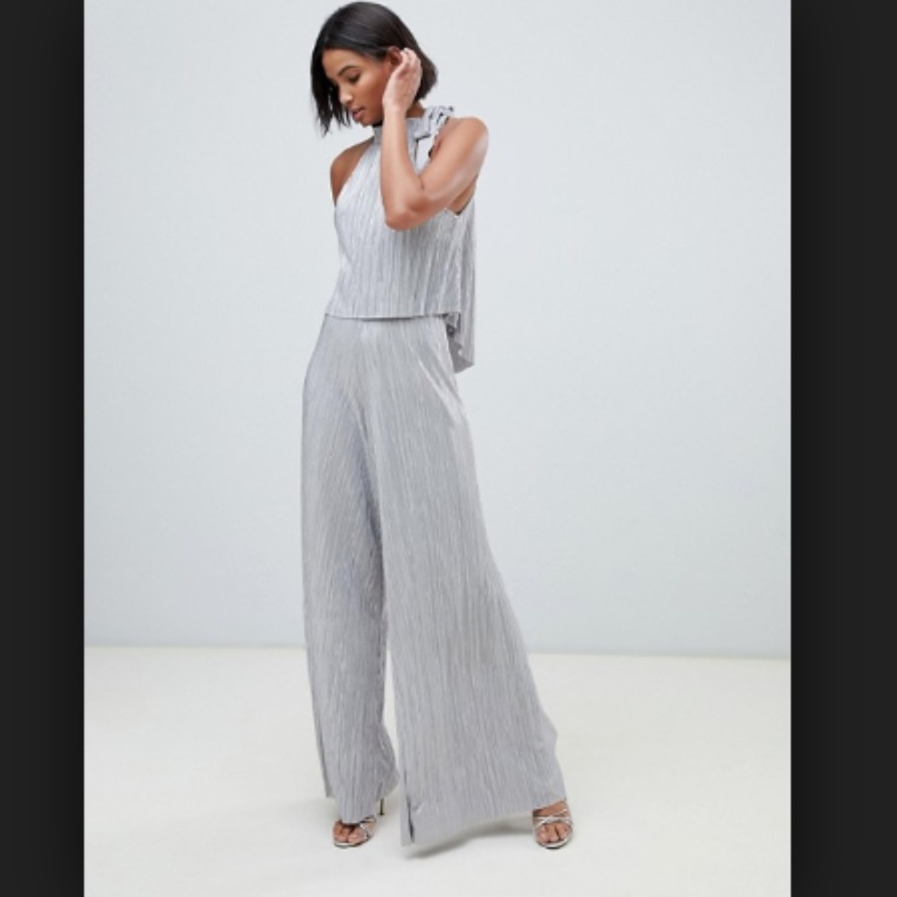 Asos halter crop top metallic plisse jumpsuit